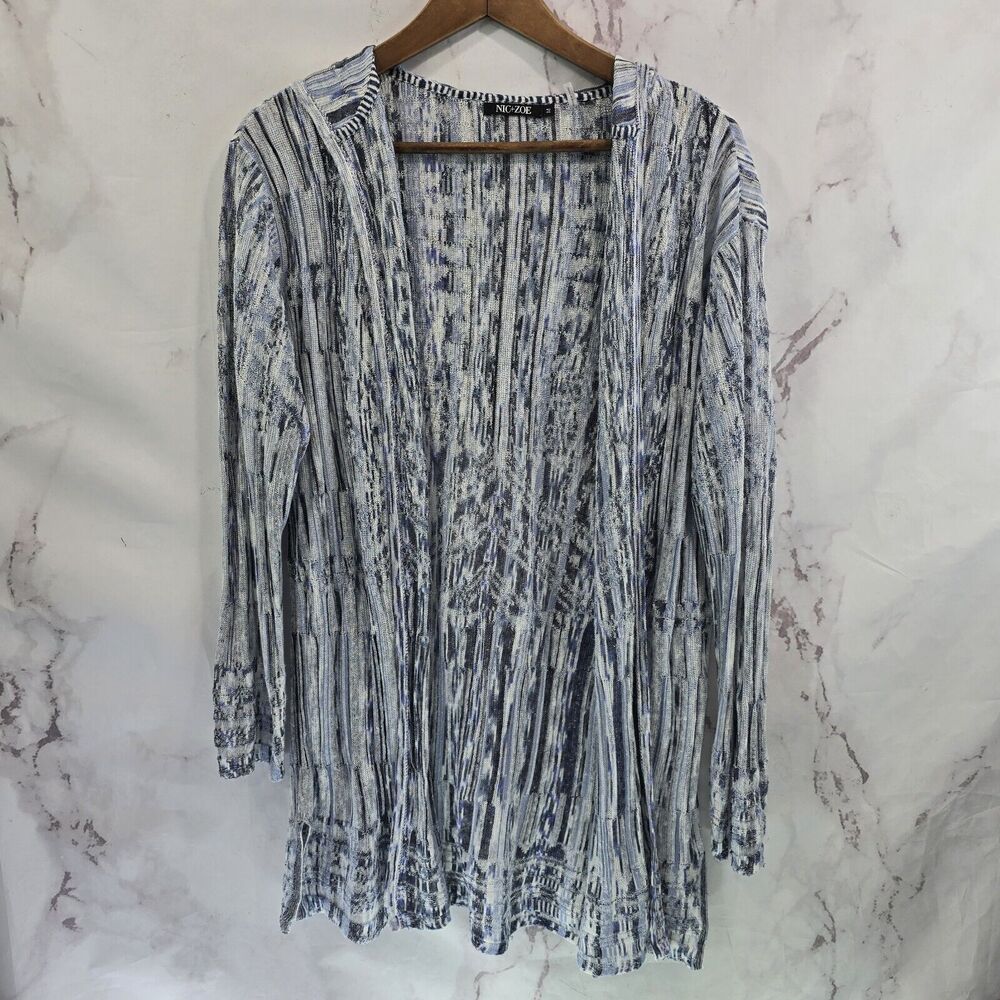 Nic + Zoe Sweater Womens Medium Blue Linen Hooded Cardigan Lightweight Long